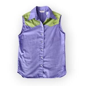 70s Vintage Western Style Purple Green Floral Sleeveless Shirt USA Poly Cotton M